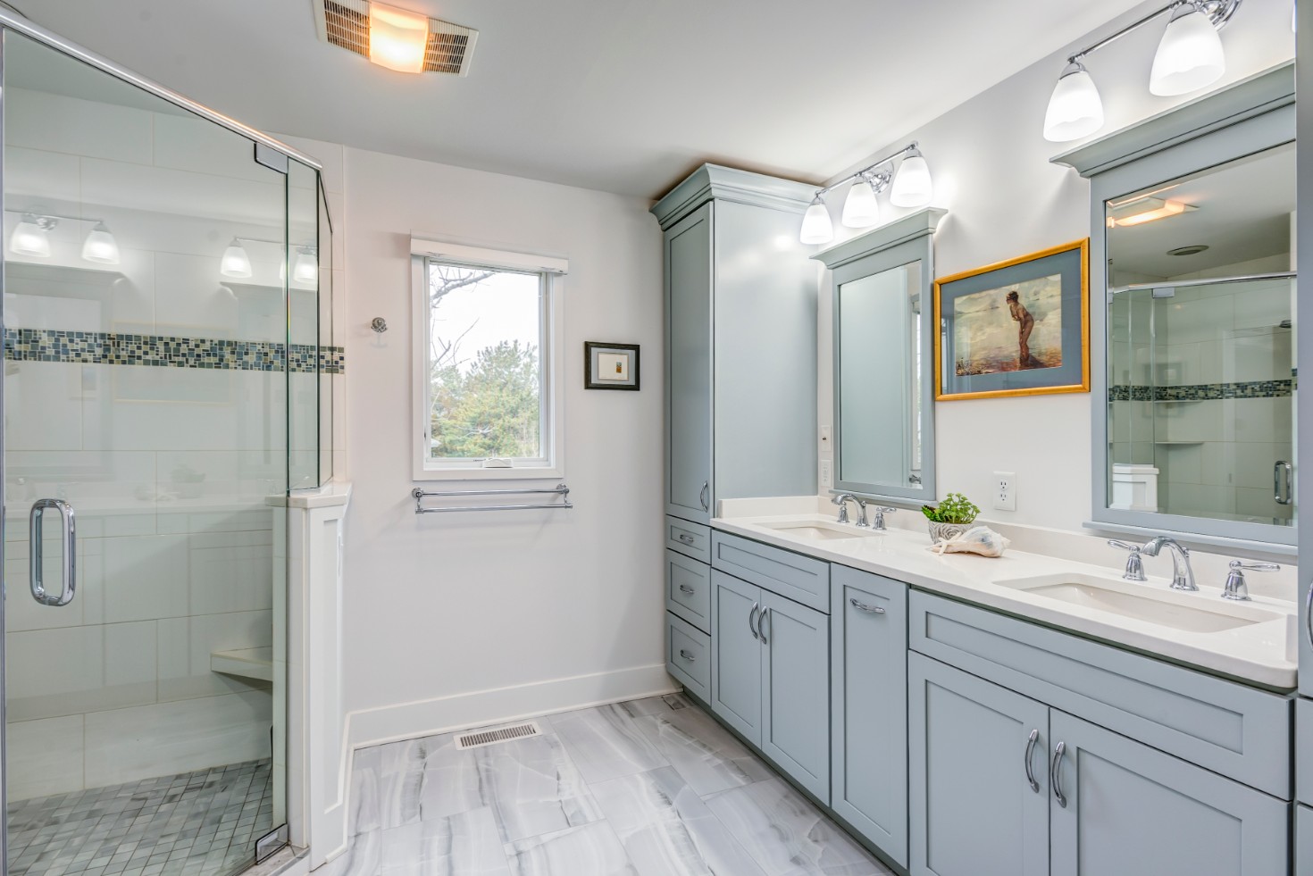 Cotton Patch Hills Renovation in Bethany Beach DE - Bathroom with White Wall Paint, Two Sinks and Two Rectangular Mirrors