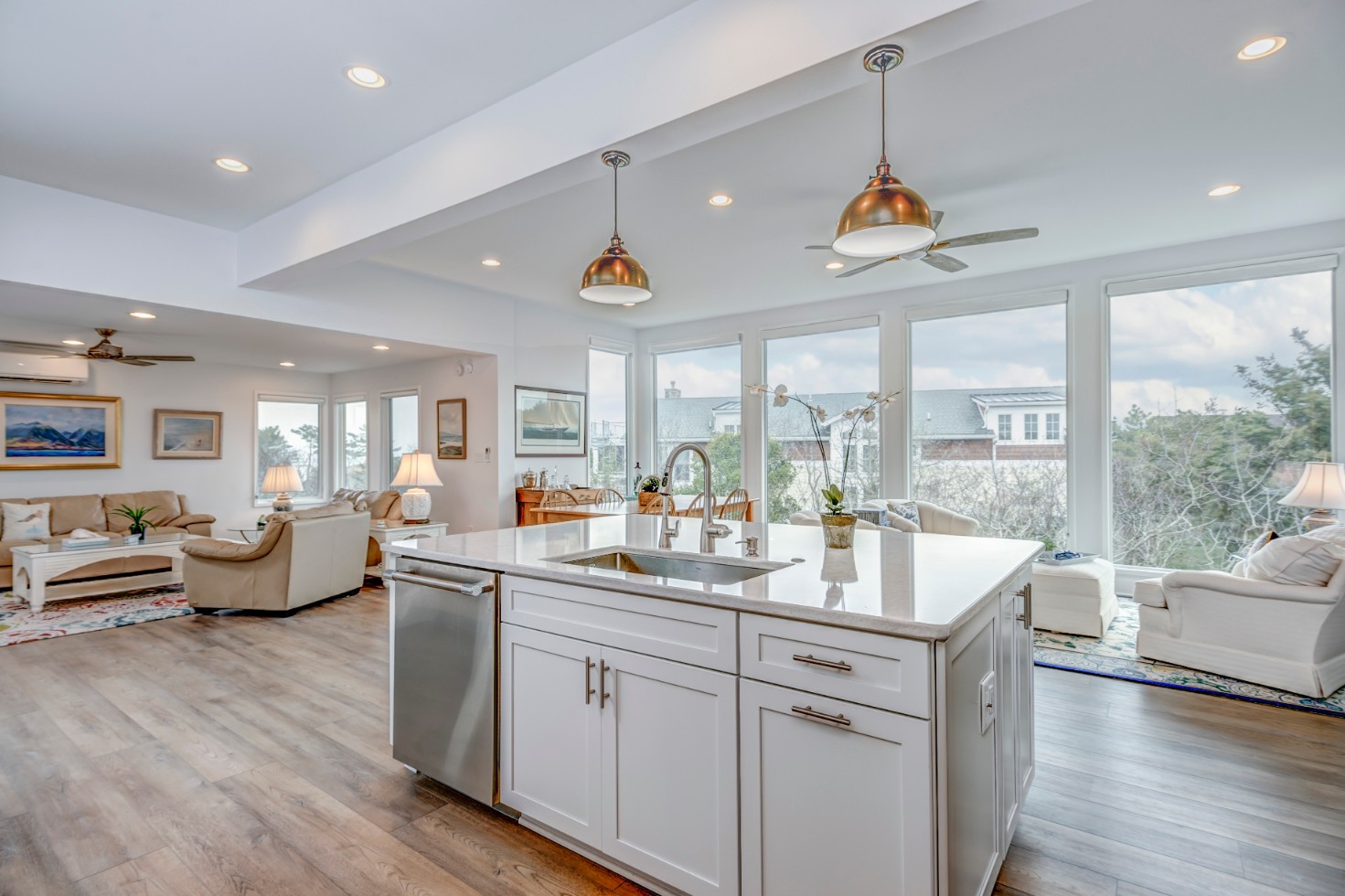 Cotton Patch Hills Renovation in Bethany Beach DE - Great Room with White Kitchen Island