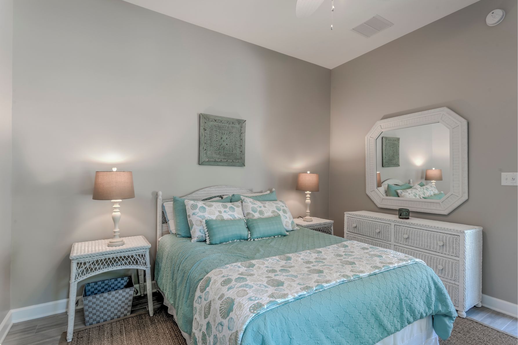 Addition in Juniper Court, Ocean Pines MD - Bedroom with Octagon Mirror and White Bedside Tables