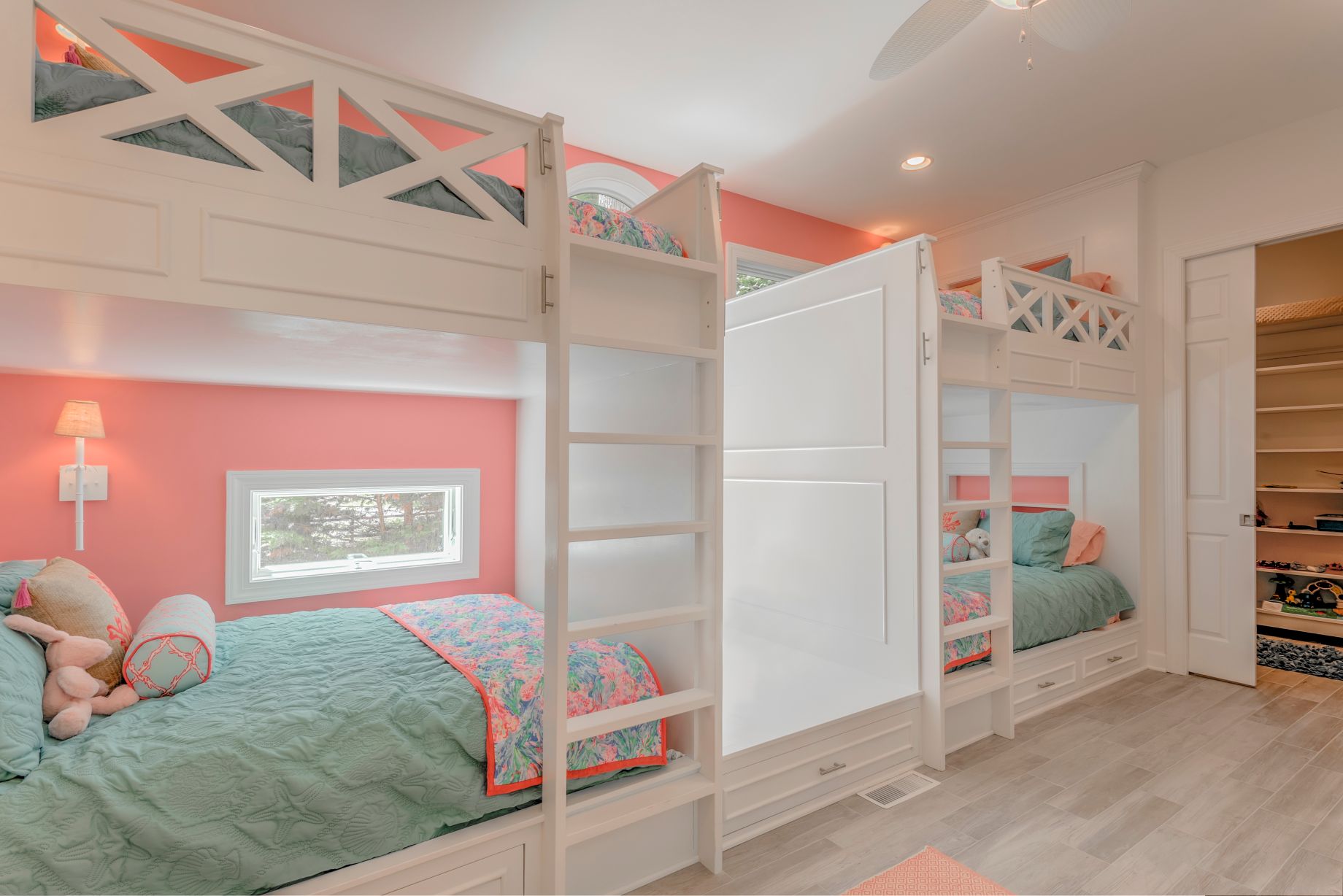 Addition in Juniper Court, Ocean Pines MD - Kids Bedroom with Bunk Beds, Coral Wall Paint and White Wooden Ladders