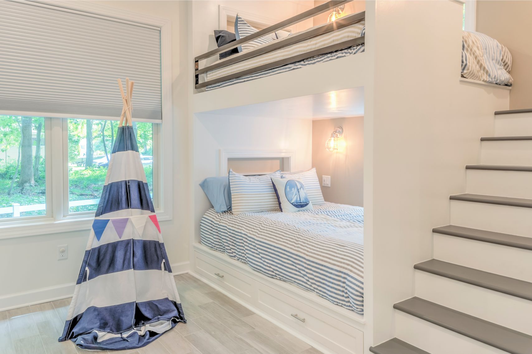 Addition in Juniper Court, Ocean Pines MD - Kids Bedroom with White Bunk Bed Frame and Native American Tent