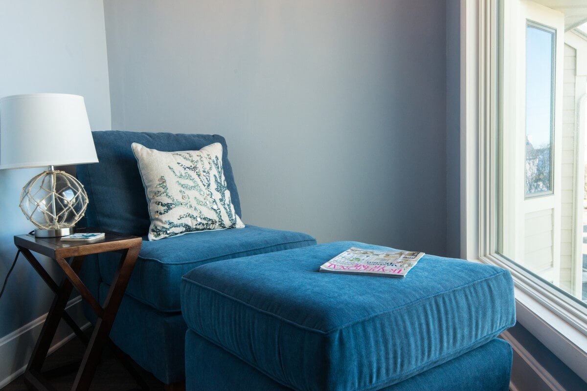 Kings Grant Renovation Vol.3 Fenwick Island, DE with Window Side Blue Fabric Lounge Chair and Foot Stool